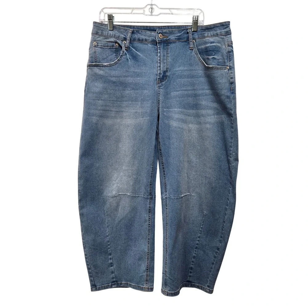 Sidefeel Barrel Jeans Size 16 Light Wash High Rise Curved Leg Stretch Denim 1295